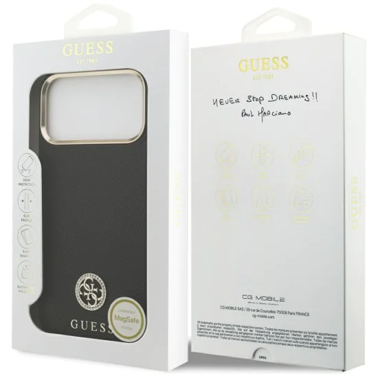 Калъф за iPhone 17 Pro Max - Guess - Зърнесто стразно лого MagSafe (GUHMP17XPGCRMDEK) - Черен