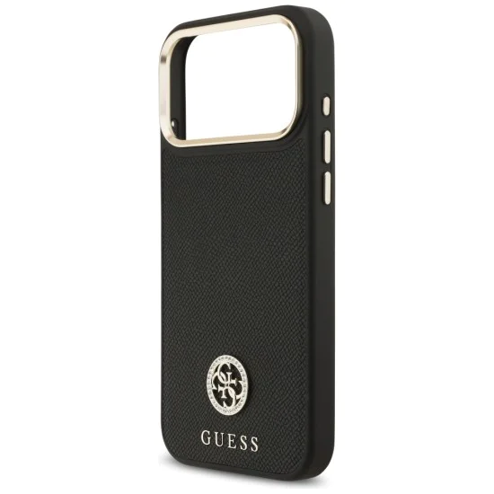 Калъф за iPhone 17 Pro Max - Guess - Зърнесто стразно лого MagSafe (GUHMP17XPGCRMDEK) - Черен