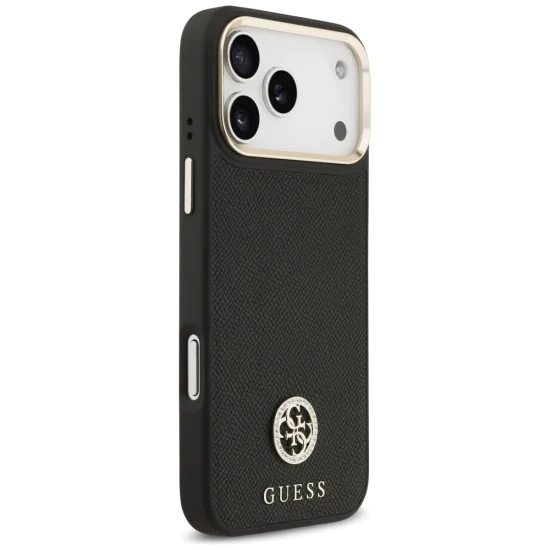 Калъф за iPhone 17 Pro Max - Guess - Зърнесто стразно лого MagSafe (GUHMP17XPGCRMDEK) - Черен
