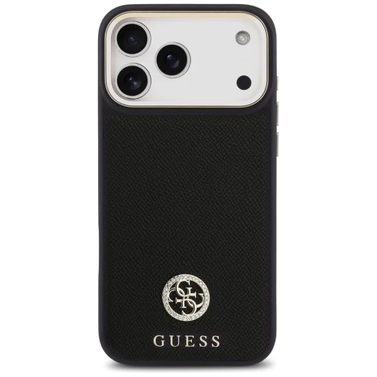 Калъф за iPhone 17 Pro Max - Guess - Зърнесто стразно лого MagSafe (GUHMP17XPGCRMDEK) - Черен