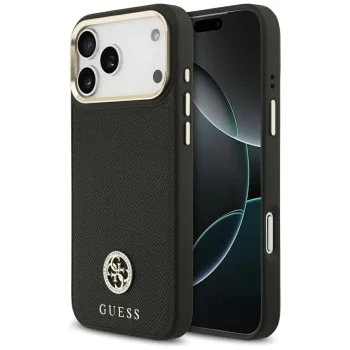 Калъф за iPhone 17 Pro Max - Guess - Зърнесто стразно лого MagSafe (GUHMP17XPGCRMDEK) - Черен