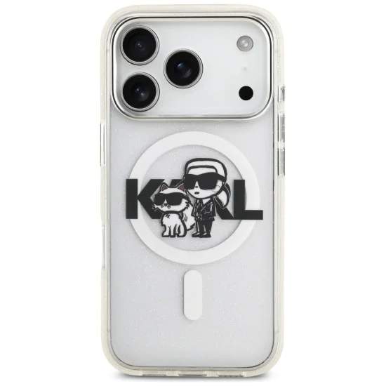 Калъф за iPhone 17 Pro - Karl Lagerfeld - IML Glitter Karl & Choupette Sketch Logo MagSafe (KLHMP17LHGKCGKBT) - Прозрачен