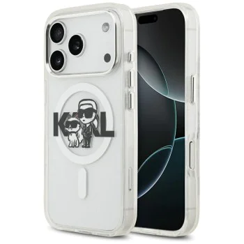 Калъф за iPhone 17 Pro - Karl Lagerfeld - IML Glitter Karl & Choupette Sketch Logo MagSafe (KLHMP17LHGKCGKBT) - Прозрачен