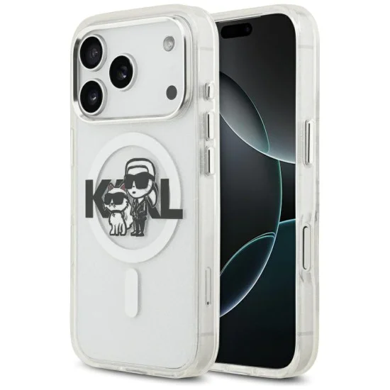 Калъф за iPhone 17 Pro - Karl Lagerfeld - IML Glitter Karl & Choupette Sketch Logo MagSafe (KLHMP17LHGKCGKBT) - Прозрачен