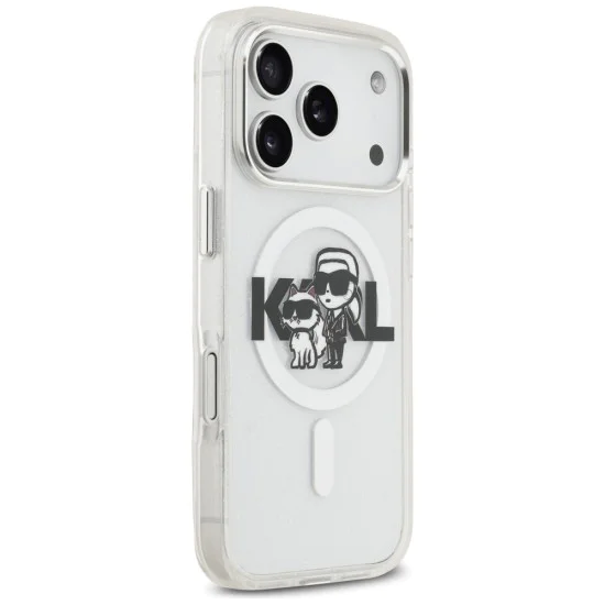 Калъф за iPhone 17 Pro - Karl Lagerfeld - IML Glitter Karl & Choupette Sketch Logo MagSafe (KLHMP17LHGKCGKBT) - Прозрачен