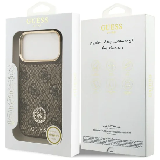 Калъф за iPhone 17 Pro - Guess - Hardcase 4G Strass Logo MagSafe (GUHMP17LP4GRMDEW) - Кафяв