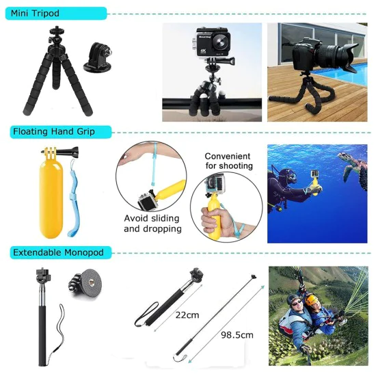 Techsuit - Комплект аксесоари CamQuest 50in1 (SA50) - за GoPro Hero, SJCAM, екшън камери, с калъф за носене - Черен