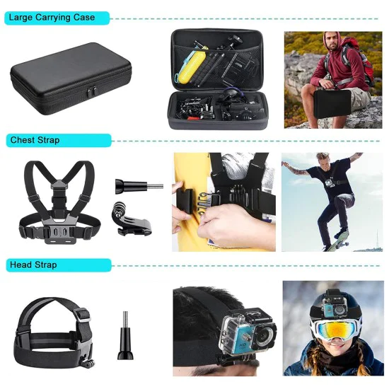 Techsuit - Комплект аксесоари CamQuest 50in1 (SA50) - за GoPro Hero, SJCAM, екшън камери, с калъф за носене - Черен