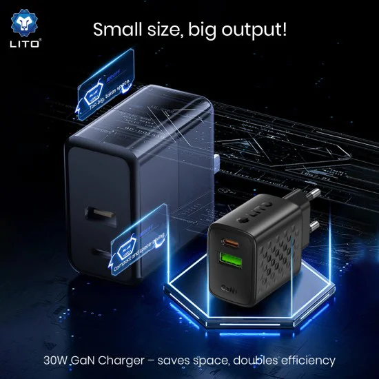 Зарядно - Lito - (LC19) - Type-C, USB изход, PD30W, GaN, PC Fireproof, EU Plug - Черен