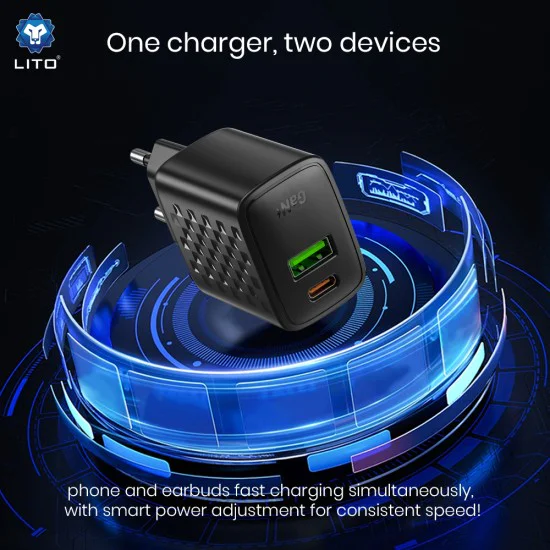 Зарядно - Lito - (LC19) - Type-C, USB изход, PD30W, GaN, PC Fireproof, EU Plug - Черен