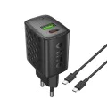Зарядно - Lito - (LC19T) - с включен кабел Type-C, Type-C, USB изход, PD30W, GaN, PC Fireproof, EU Plug - Черен