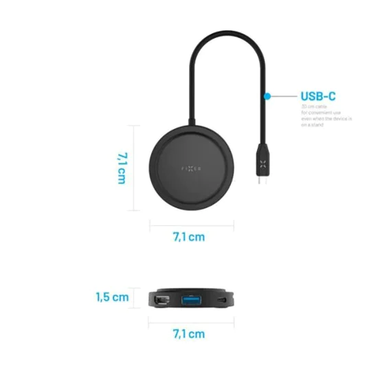 Fixed - MagHub 7в1 (FIXHU-M-BK) - USB-C към 2x USB-C, USB-A, HDMI, четец на Micro-SD/SD карти, безжичен MagSafe, PD100W, 4K, 5Gb/s - Черен