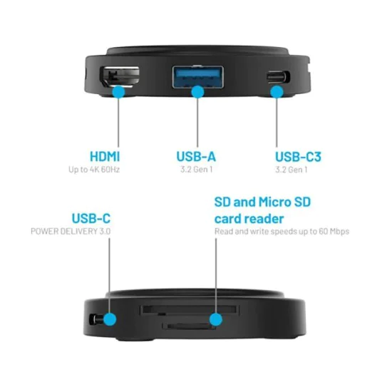Fixed - MagHub 7в1 (FIXHU-M-BK) - USB-C към 2x USB-C, USB-A, HDMI, четец на Micro-SD/SD карти, безжичен MagSafe, PD100W, 4K, 5Gb/s - Черен