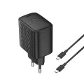 Зарядно - Lito - (LC20T) - с включен кабел Type-C, изход Type-C, PD45W, GaN, PC Fireproof, EU щепсел - Черен