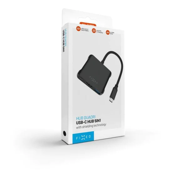Fixed - Хъб 5в1 Quadri (FIXHU-QR-BK) - USB-C към 2x USB-C, 2x USB-A, HDMI, PD140W, 4K, 10Gb/s - Космическо Черен