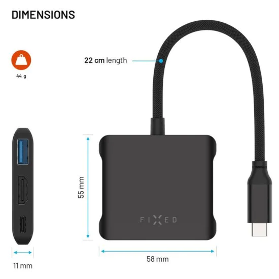 Fixed - Хъб 5в1 Quadri (FIXHU-QR-BK) - USB-C към 2x USB-C, 2x USB-A, HDMI, PD140W, 4K, 10Gb/s - Космическо Черен