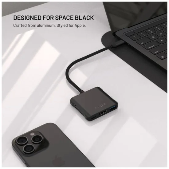 Fixed - Хъб 5в1 Quadri (FIXHU-QR-BK) - USB-C към 2x USB-C, 2x USB-A, HDMI, PD140W, 4K, 10Gb/s - Космическо Черен