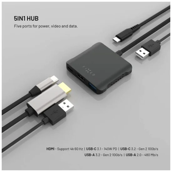 Fixed - Хъб 5в1 Quadri (FIXHU-QR-BK) - USB-C към 2x USB-C, 2x USB-A, HDMI, PD140W, 4K, 10Gb/s - Космическо Черен