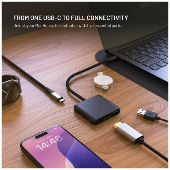 Fixed - Хъб 5в1 Quadri (FIXHU-QR-BK) - USB-C към 2x USB-C, 2x USB-A, HDMI, PD140W, 4K, 10Gb/s - Космическо Черен