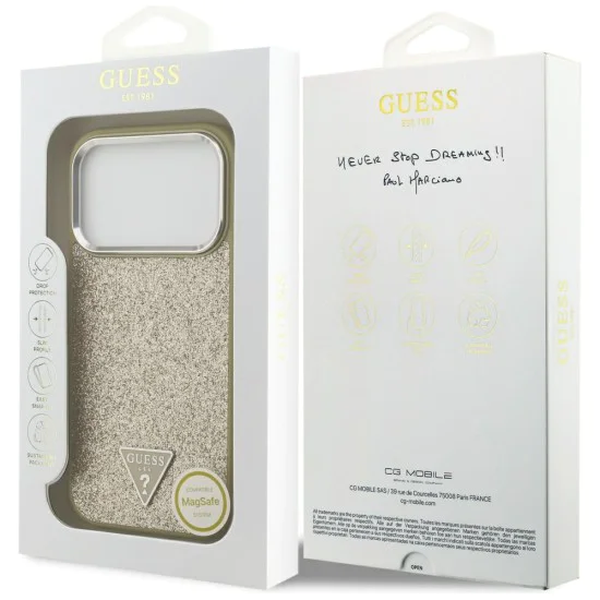 Калъф за iPhone 17 Pro - Guess - Блестящо триъгълно лого MagSafe (GUHMP17LPFGTSCMD) - Златист