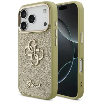 Калъф за iPhone 17 Pro - Guess - Fixed Glitter Big 4G Metal Frame (GUHCP17LHG4SGCD) - Златист