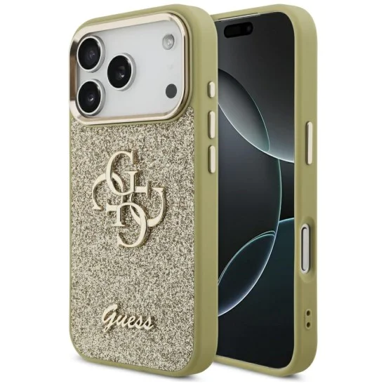 Калъф за iPhone 17 Pro - Guess - Fixed Glitter Big 4G Metal Frame (GUHCP17LHG4SGCD) - Златист