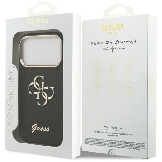 Калъф за iPhone 17 Pro - Guess - Fixed Glitter Big 4G Metal Frame (GUHCP17LHG4SGCK) - Черен