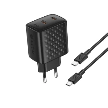 Зарядно устройство Lito - (LC22T) - с включен кабел Type-C, 2x Type-C изход, PD45W, GaN, PC Fireproof, EU щепсел - Черен