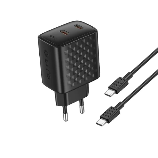 Зарядно устройство Lito - (LC22T) - с включен кабел Type-C, 2x Type-C изход, PD45W, GaN, PC Fireproof, EU щепсел - Черен