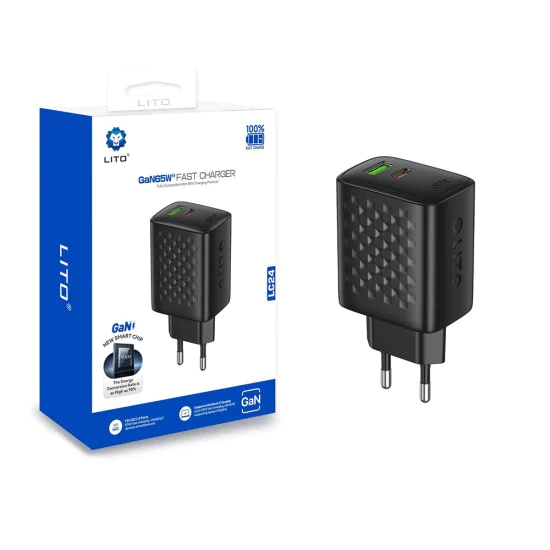 Зарядно устройство Lito - (LC24) - Type-C, USB изход, PD65W, GaN, PC Fireproof, EU Plug - Черен