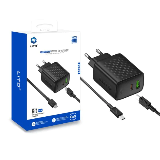 Зарядно устройство Lito - (LC24T) - с включен кабел Type-C, Type-C, USB изход, PD65W, GaN, PC Fireproof, EU Plug - Черен