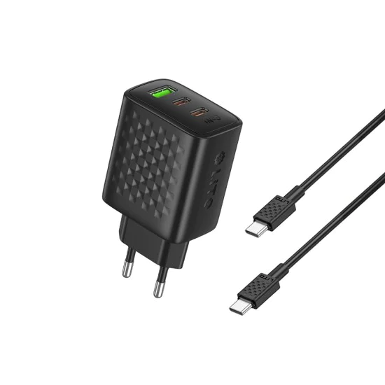 Зарядно устройство Lito - (LC25T) - с включен кабел Type-C, 2x Type-C, USB изход, PD65W, GaN, PC Fireproof, EU Plug - Черен