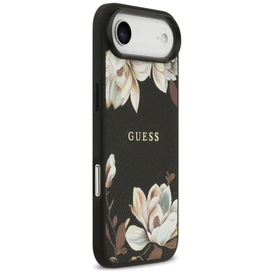 Калъф за iPhone 17 Air - Guess - Grained Flowers MagSafe (GUHMP17MPGNMPLMK) - Черен