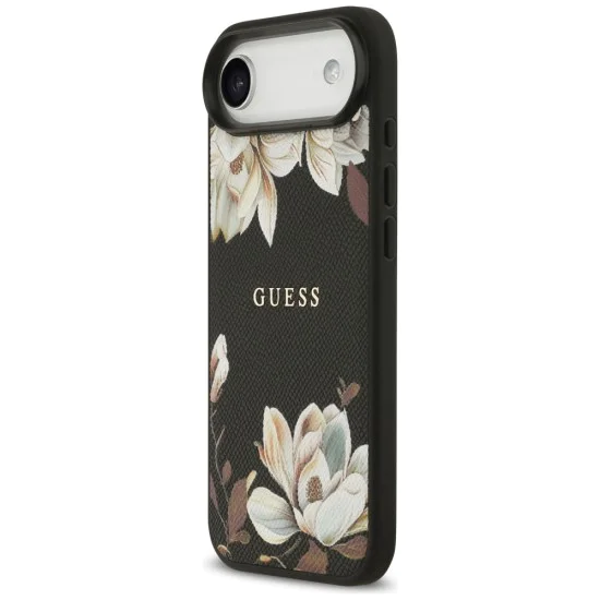 Калъф за iPhone 17 Air - Guess - Grained Flowers MagSafe (GUHMP17MPGNMPLMK) - Черен