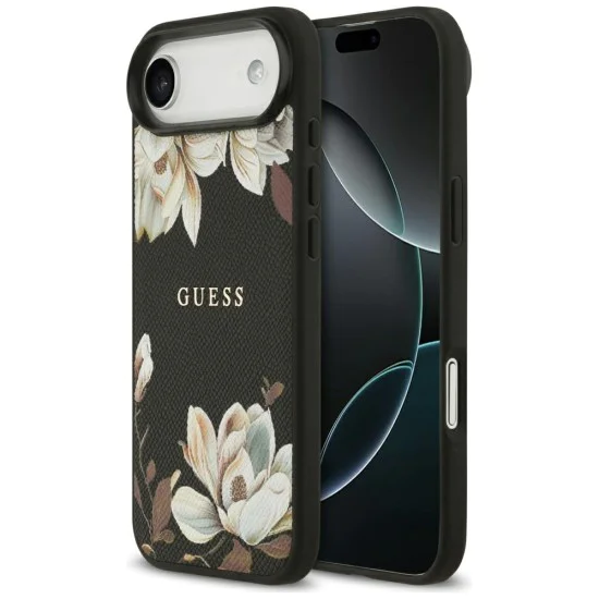 Калъф за iPhone 17 Air - Guess - Grained Flowers MagSafe (GUHMP17MPGNMPLMK) - Черен