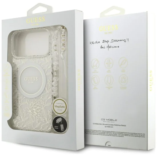 Калъф за iPhone 17 Pro Max – с MagSafe – Guess (GUHMP17XHCPOFPH) IML Flowers Allover Electroplated с перлена каишка – Бял