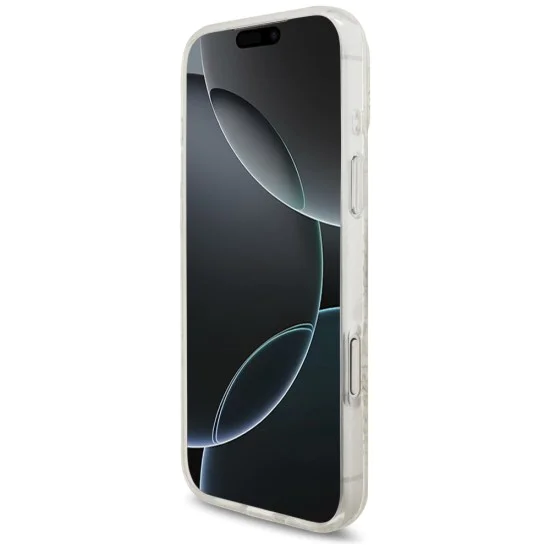Калъф за iPhone 17 Pro Max – с MagSafe – Guess (GUHMP17XHCPOFPH) IML Flowers Allover Electroplated с перлена каишка – Бял