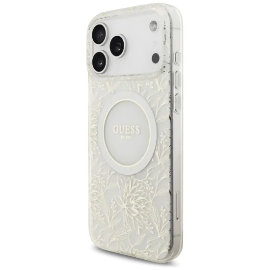 Калъф за iPhone 17 Pro Max – с MagSafe – Guess (GUHMP17XHCPOFPH) IML Flowers Allover Electroplated с перлена каишка – Бял