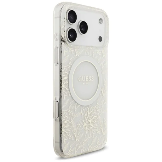 Калъф за iPhone 17 Pro Max – с MagSafe – Guess (GUHMP17XHCPOFPH) IML Flowers Allover Electroplated с перлена каишка – Бял