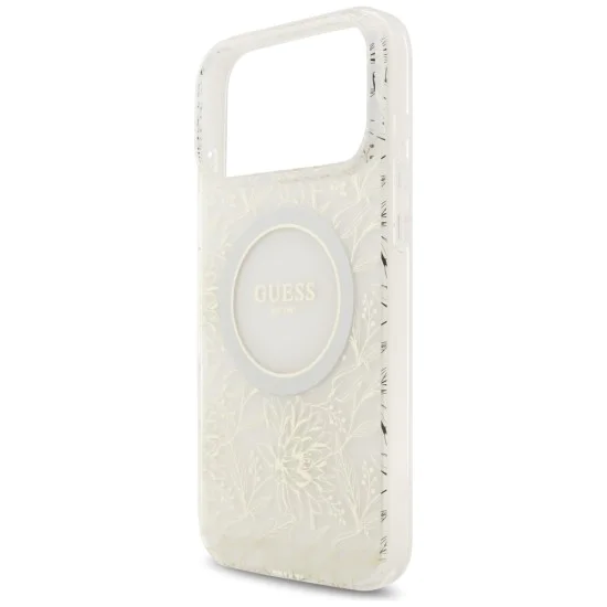 Калъф за iPhone 17 Pro Max – с MagSafe – Guess (GUHMP17XHCPOFPH) IML Flowers Allover Electroplated с перлена каишка – Бял