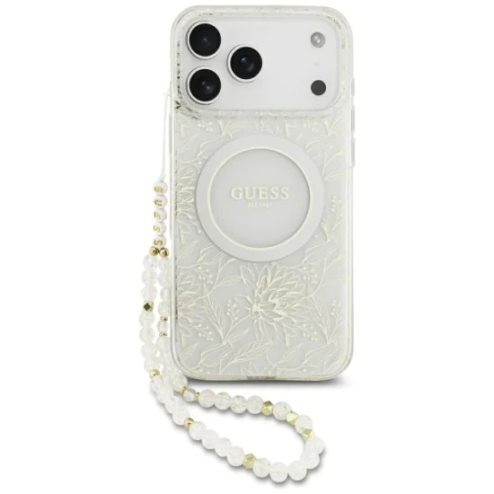 Калъф за iPhone 17 Pro Max – с MagSafe – Guess (GUHMP17XHCPOFPH) IML Flowers Allover Electroplated с перлена каишка – Бял