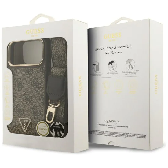 Калъф за iPhone 17 Pro Max - Guess - 4G триъгълно лого с голяма каишка, метално копче MagSafe (GUHMP17XP4G4TCSW) - Кафяв