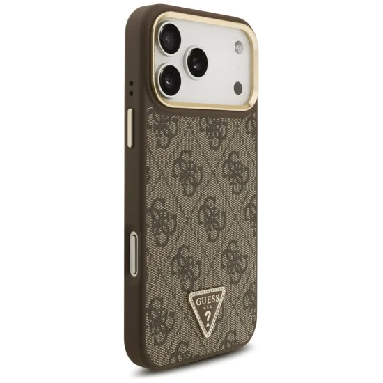 Калъф за iPhone 17 Pro Max - Guess - 4G триъгълно лого с голяма каишка, метално копче MagSafe (GUHMP17XP4G4TCSW) - Кафяв