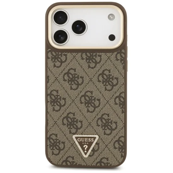 Калъф за iPhone 17 Pro Max - Guess - 4G триъгълно лого с голяма каишка, метално копче MagSafe (GUHMP17XP4G4TCSW) - Кафяв