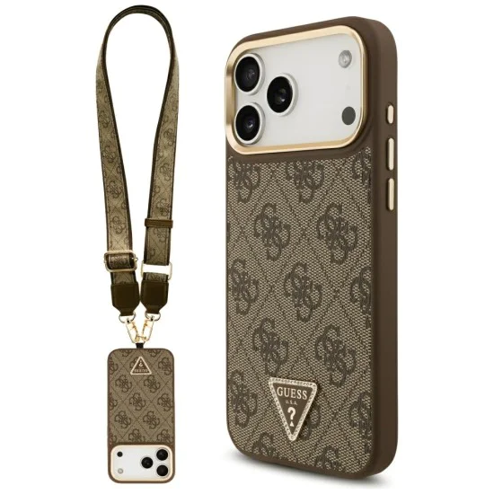 Калъф за iPhone 17 Pro Max - Guess - 4G триъгълно лого с голяма каишка, метално копче MagSafe (GUHMP17XP4G4TCSW) - Кафяв