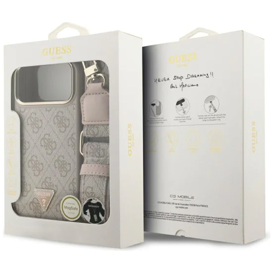 Калъф за iPhone 17 Pro Max - Guess - 4G триъгълно лого с голяма каишка, метално копче MagSafe (GUHMP17XP4G4TCSP) - Розов