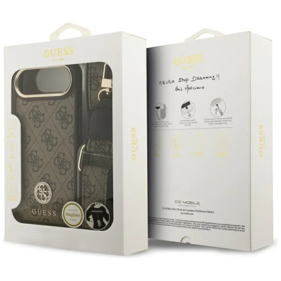 Калъф за iPhone 17 Air - Guess - 4G Strass Logo с голяма каишка, метално копче MagSafe (GUHMP17MP4G4DCSW) - Кафяв