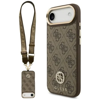 Калъф за iPhone 17 Air - Guess - 4G Strass Logo с голяма каишка, метално копче MagSafe (GUHMP17MP4G4DCSW) - Кафяв