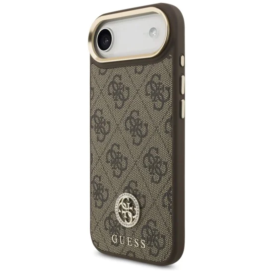 Калъф за iPhone 17 Air - Guess - 4G Strass Logo с голяма каишка, метално копче MagSafe (GUHMP17MP4G4DCSW) - Кафяв