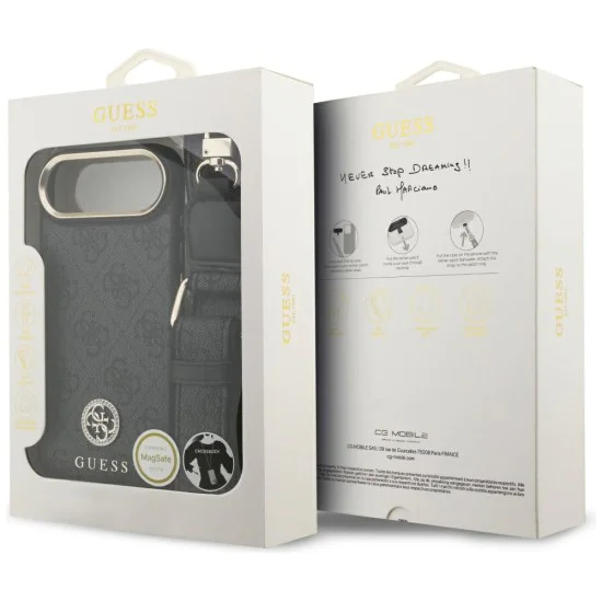 Калъф за iPhone 17 Air - Guess - 4G Strass Logo с голяма каишка, метално копче MagSafe (GUHMP17MP4G4DCSK) - Черен